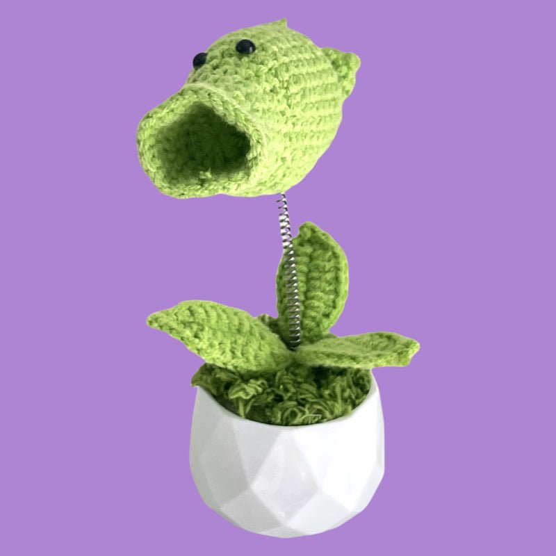 Handcrafted Crochet Peashooter Flower Planter with Spring Stem A14 - Small Beauty