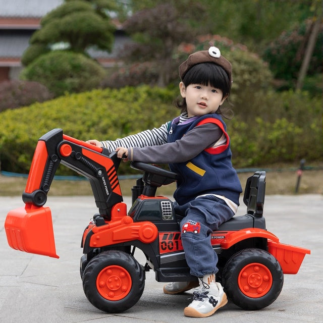 Fully Electric Kids Excavator – Realistic Ride-On Construction Vehicle realistic operation, swichable digging/bulldozing blades, music, lights and colorful spary effects