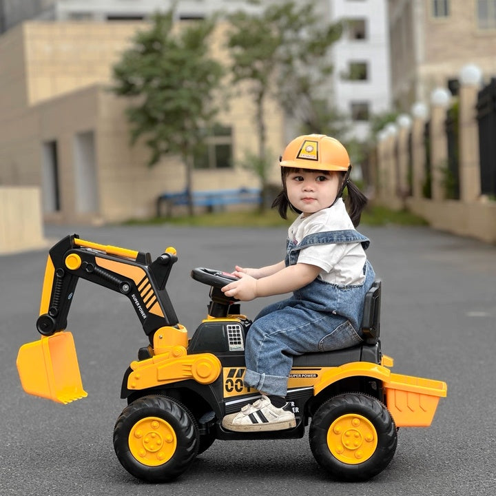 Fully Electric Kids Excavator – Realistic Ride-On Construction Vehicle realistic operation, swichable digging/bulldozing blades, music, lights and colorful spary effects