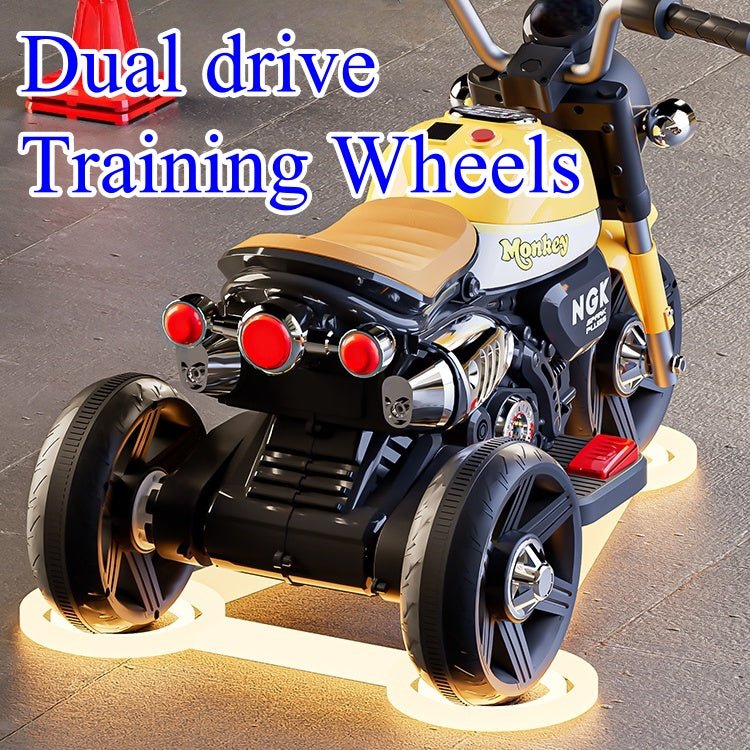 Kids Electric Ride - On Motorcycle, Safe and stable training wheels, Dual Drive, Headlight, Bluetooth, Music - Small Beauty