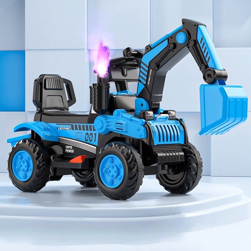 Fully Electric Kids Excavator – Realistic Ride - On Construction Vehicle realistic operation, swichable digging/bulldozing blades, music, lights and colorful spary effects - Small Beauty