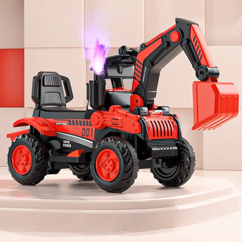 Fully Electric Kids Excavator – Realistic Ride - On Construction Vehicle realistic operation, swichable digging/bulldozing blades, music, lights and colorful spary effects - Small Beauty