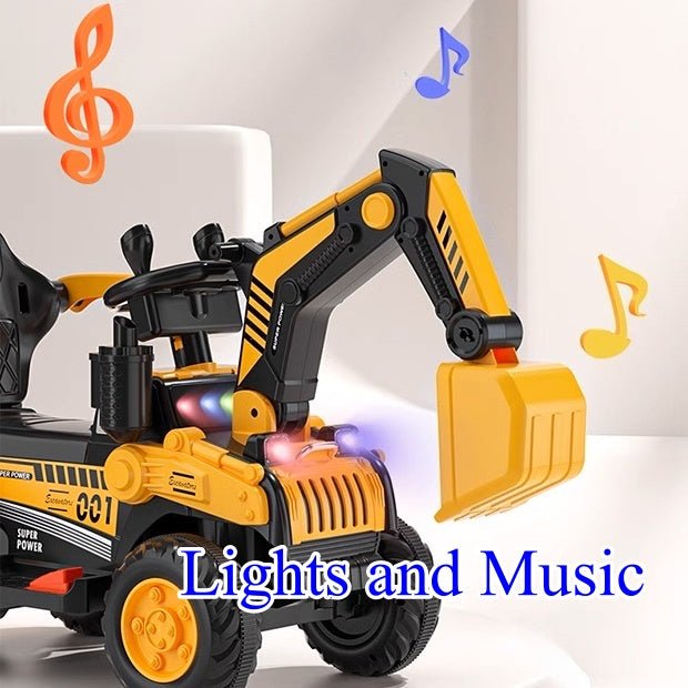 Fully Electric Kids Excavator – Realistic Ride - On Construction Vehicle realistic operation, swichable digging/bulldozing blades, music, lights and colorful spary effects - Small Beauty