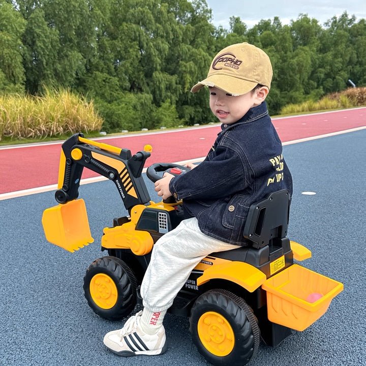 Fully Electric Kids Excavator – Realistic Ride - On Construction Vehicle realistic operation, swichable digging/bulldozing blades, music, lights and colorful spary effects - Small Beauty