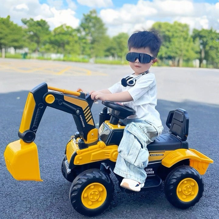 Fully Electric Kids Excavator – Realistic Ride - On Construction Vehicle realistic operation, swichable digging/bulldozing blades, music, lights and colorful spary effects - Small Beauty