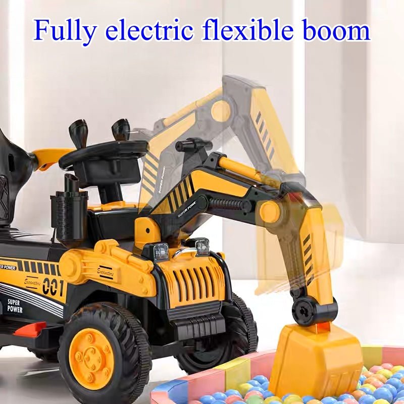 Fully Electric Kids Excavator – Realistic Ride - On Construction Vehicle realistic operation, swichable digging/bulldozing blades, music, lights and colorful spary effects - Small Beauty