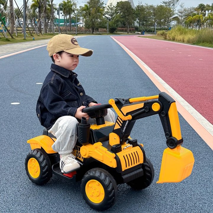 Fully Electric Kids Excavator – Realistic Ride - On Construction Vehicle realistic operation, swichable digging/bulldozing blades, music, lights and colorful spary effects - Small Beauty