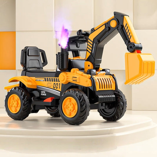 Fully Electric Kids Excavator – Realistic Ride - On Construction Vehicle realistic operation, swichable digging/bulldozing blades, music, lights and colorful spary effects - Small Beauty