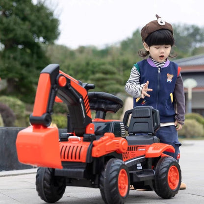Fully Electric Kids Excavator – Realistic Ride - On Construction Vehicle realistic operation, swichable digging/bulldozing blades, music, lights and colorful spary effects - Small Beauty